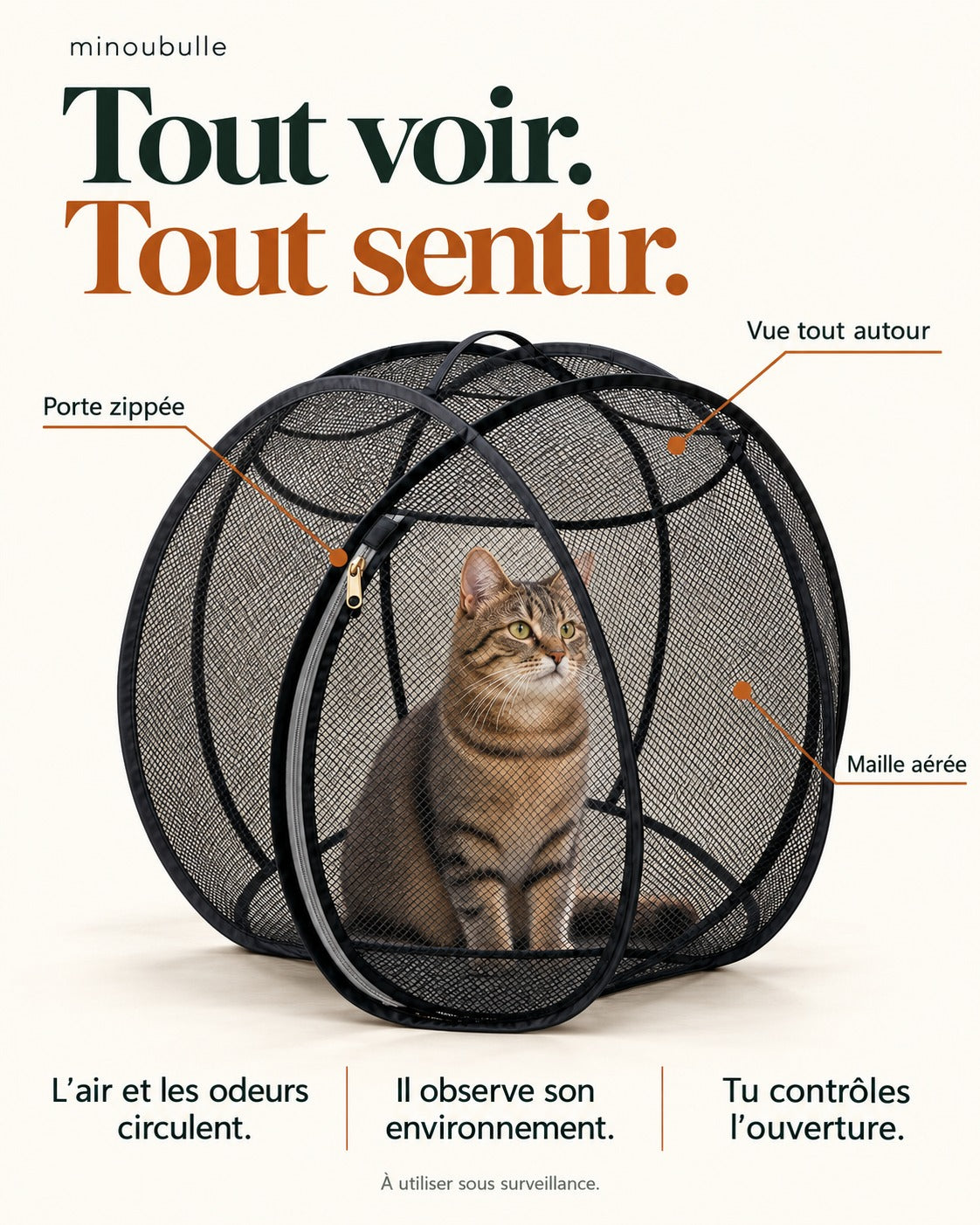 Tout voir, tout sentir : porte zippée, vue tout autour, maille aérée