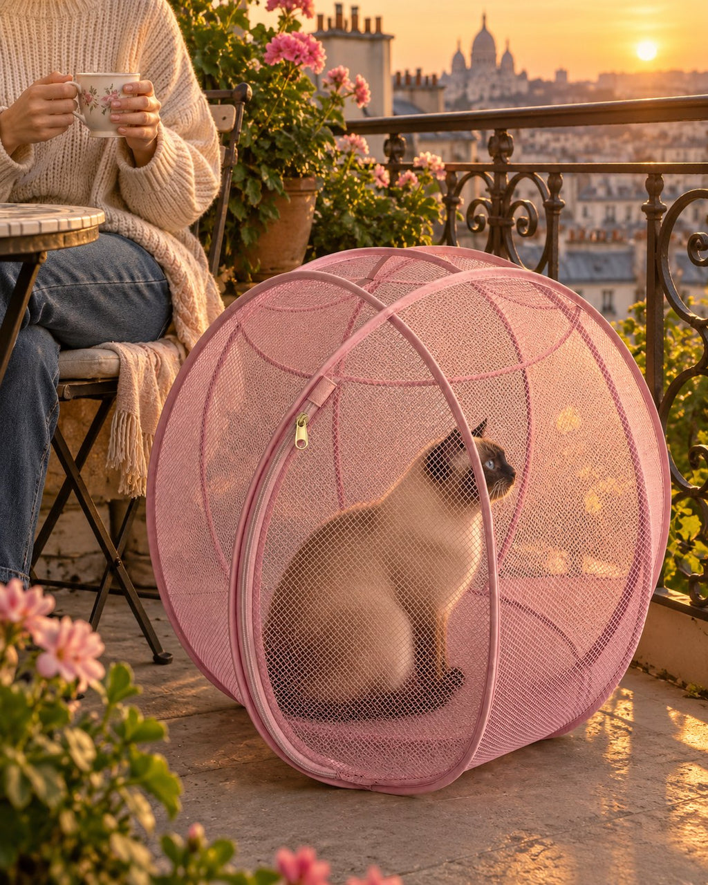 Un chat siamois dans sa bulle rose sur un balcon parisien