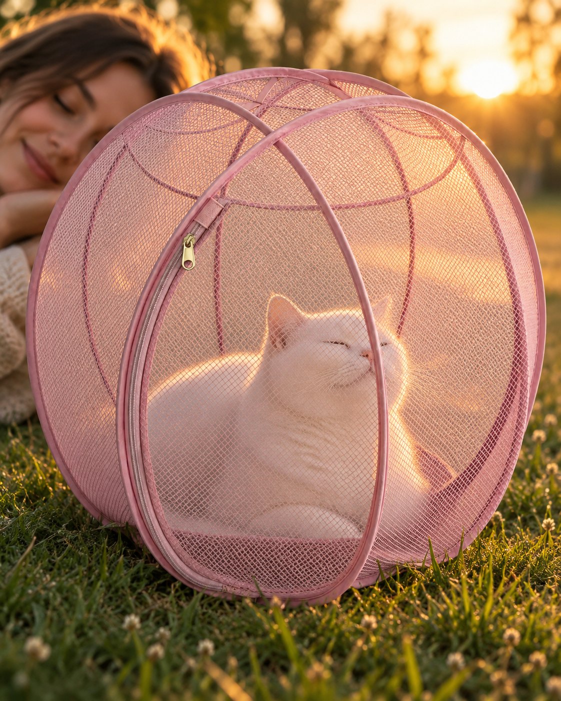 Un chat blanc apaisé dans sa bulle rose, une jeune femme tout près