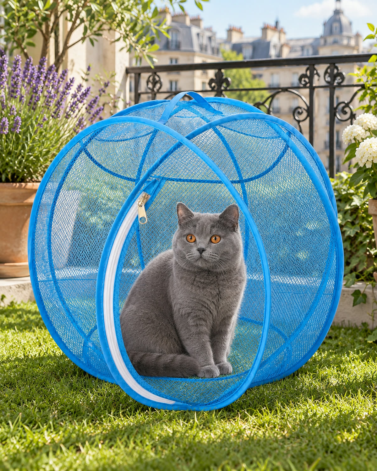 Chat chartreux dans la bulle bleue, sur un balcon fleuri