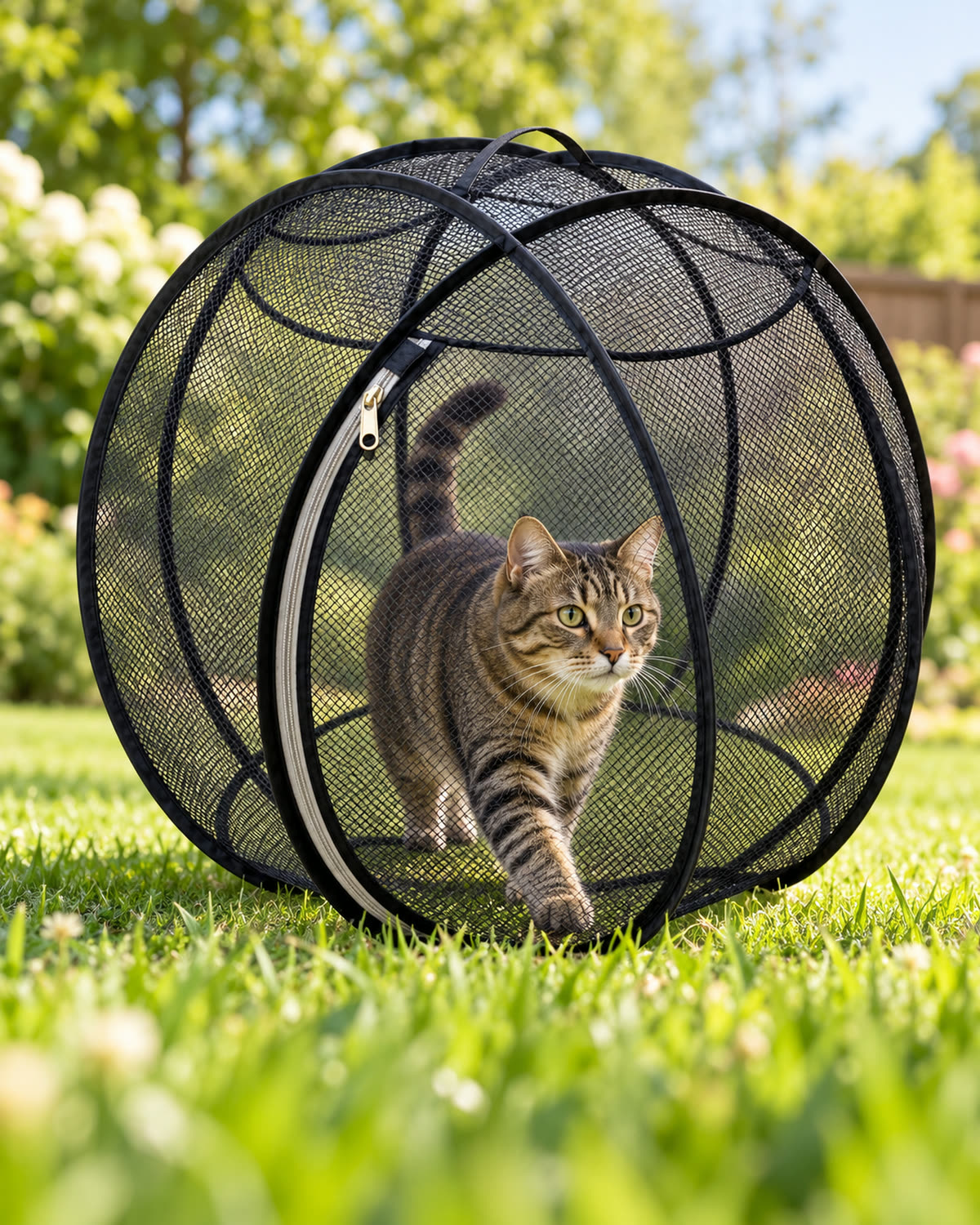 Chat qui marche dans la bulle noire, sur l'herbe