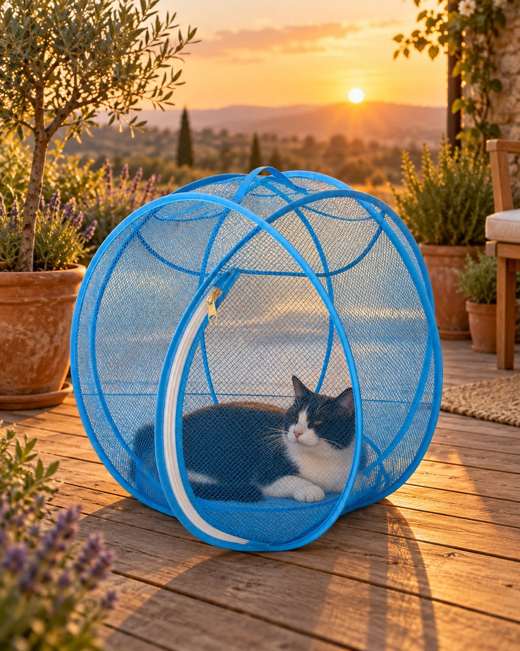 Un chat noir et blanc somnole dans sa bulle bleue sur une terrasse