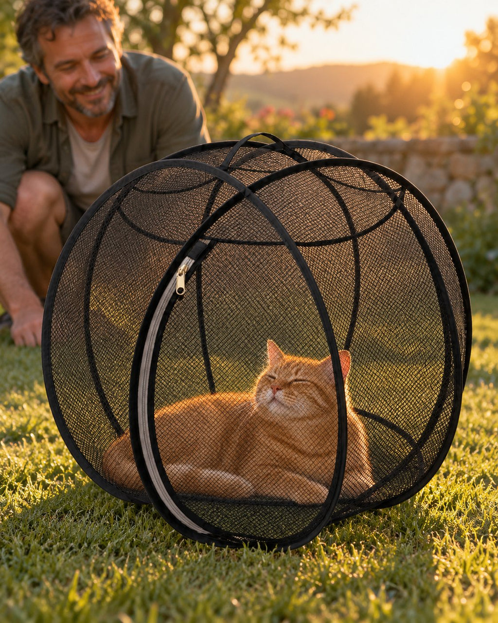 Un chat roux apaisé dans sa bulle noire, son maître attendri derrière