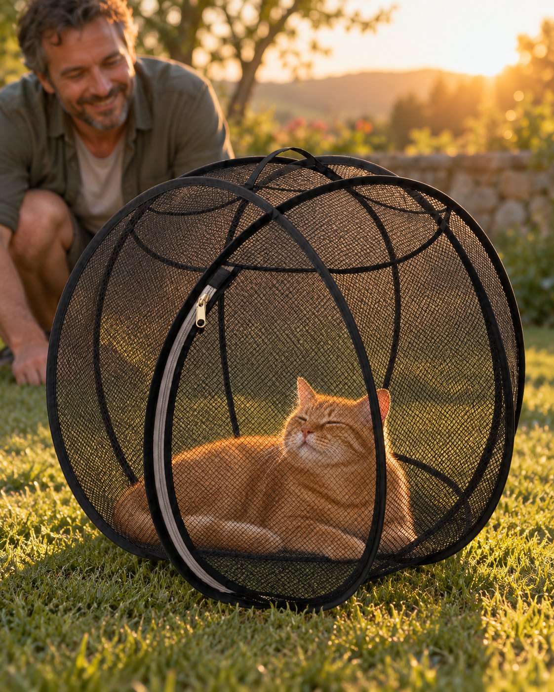 Un chat roux apaisé dans sa bulle noire, son maître attendri derrière