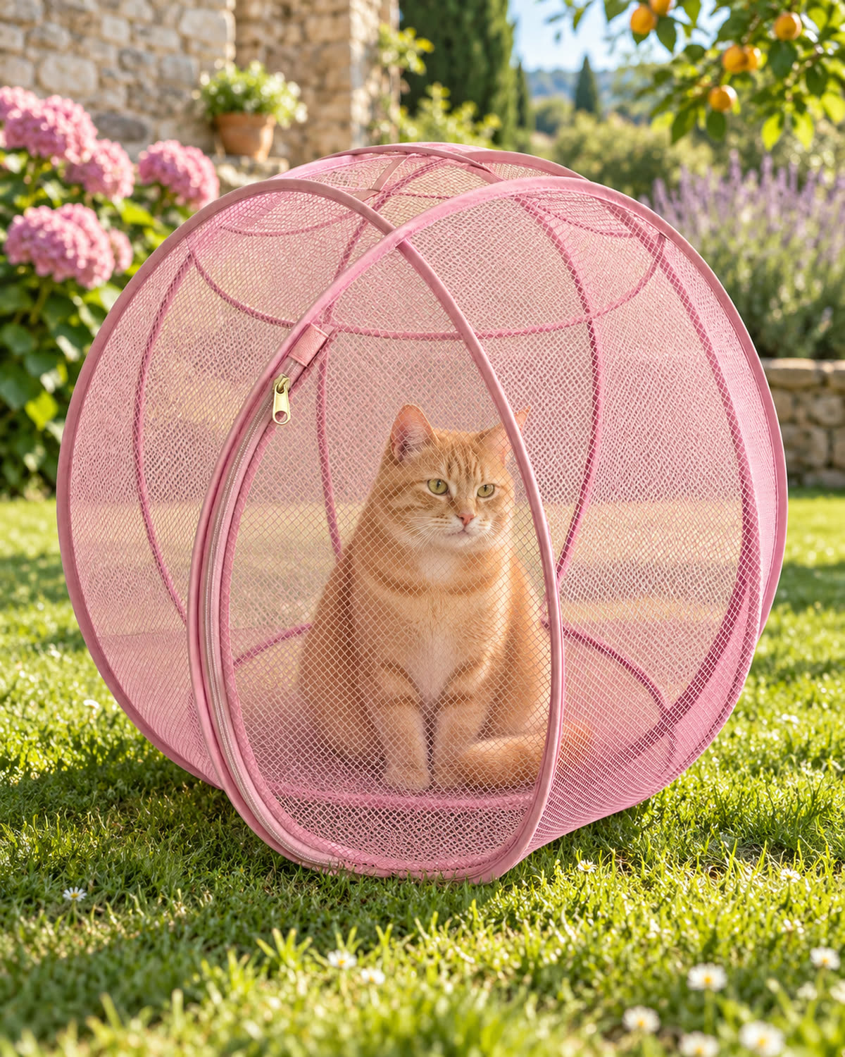 Chat roux dans la bulle rose Minoubulle, sur la pelouse