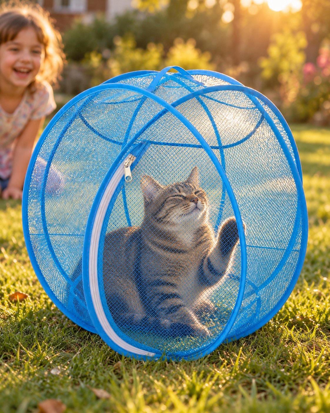 Un chat tigré dans sa bulle bleue tend la patte, une enfant rit derrière