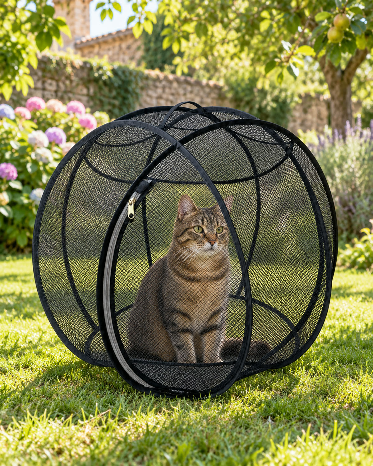 Chat tigré assis dans la bulle noire Minoubulle, sur la pelouse d'un jardin