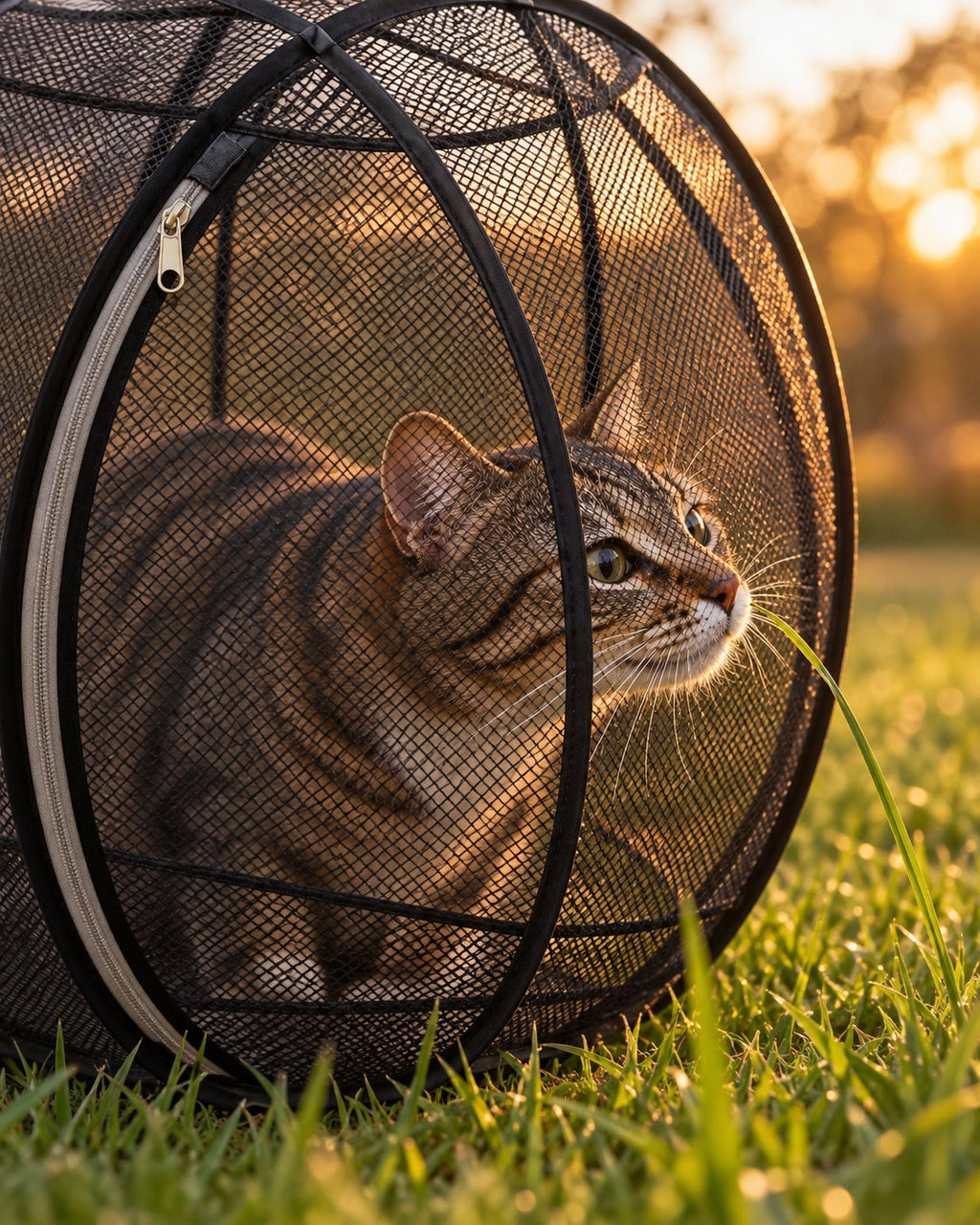 Gros plan d'un chat qui renifle l'herbe à travers la maille de sa bulle