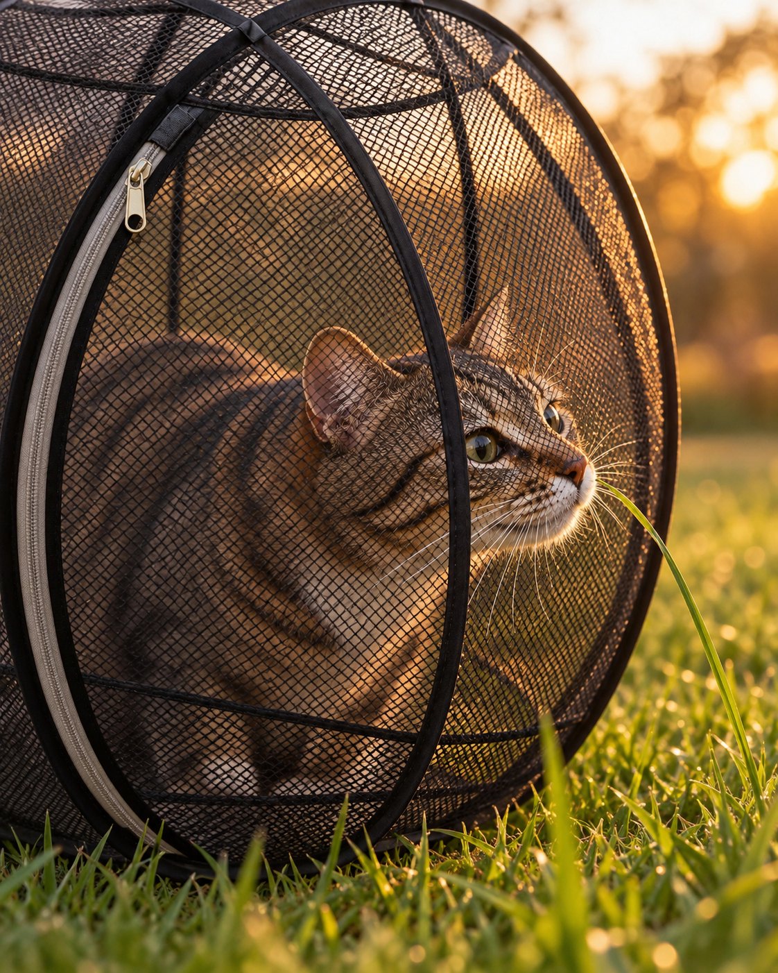 Gros plan d'un chat qui renifle l'herbe à travers la maille de sa bulle