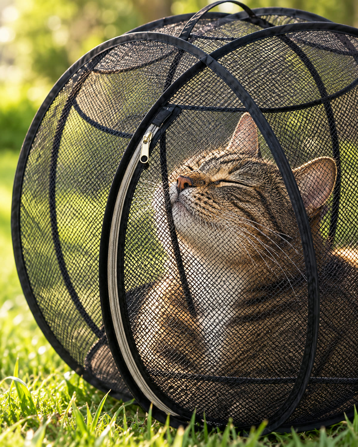 Chat tigré, yeux mi-clos au soleil, dans la bulle