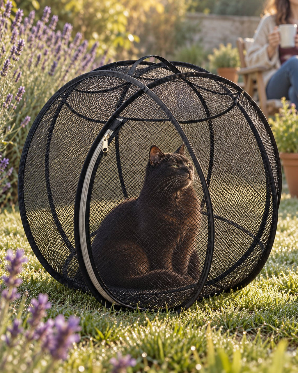 Un chat noir apaisé dans sa bulle noire, près de la lavande
