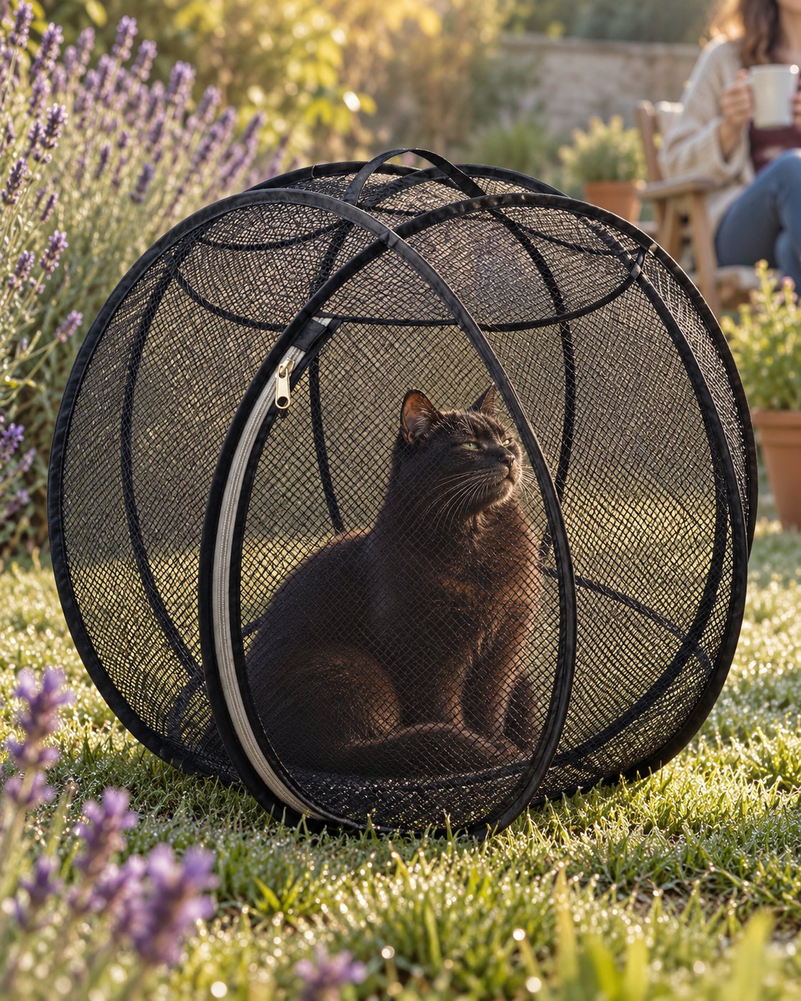 Un chat noir apaisé dans sa bulle noire, près de la lavande