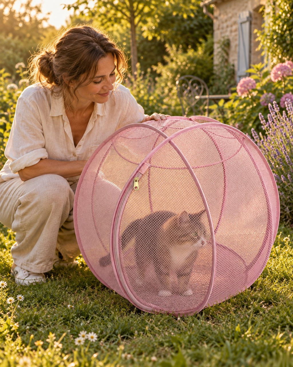 Une femme attendrie regarde son chat découvrir le jardin dans sa bulle rose