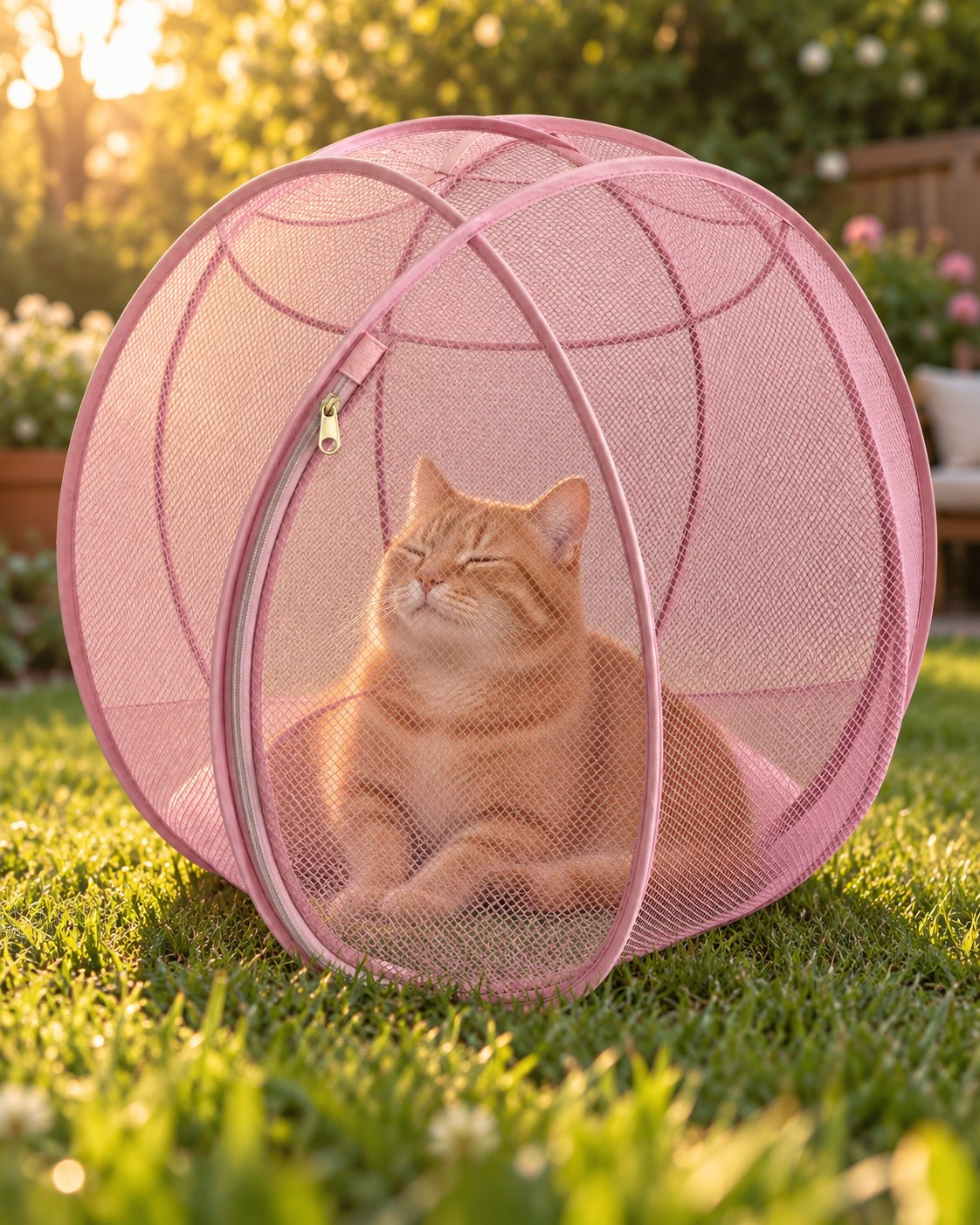Un chat roux apaisé dans sa bulle rose sur l'herbe